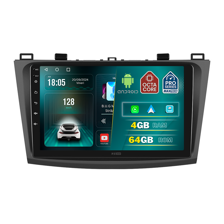 Navigatie Mazda 3 2009-2013 dedicata, MaxTech® PRO SERIES, 4 GB Ram 64 GB Rom, Carplay si Android auto, Ecran 9 ” HD Touch, GPS, Wifi, Bluetooth, Radio, USB, EQ, DSP, Waze