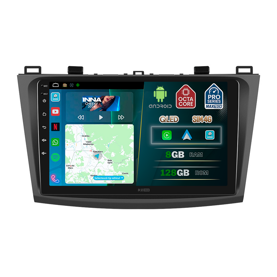 Navigatie Mazda 3 2009-2013 dedicata, MaxTech® PRO SERIES, 8 GB Ram 128 GB Rom, OctaCore, Carplay si Android auto, Ecran 9” HD Touch, Sim 4G, ADI/HI-Res, GPS, Wifi, Bluetooth, Radio, USB, EQ, DSP, Waze