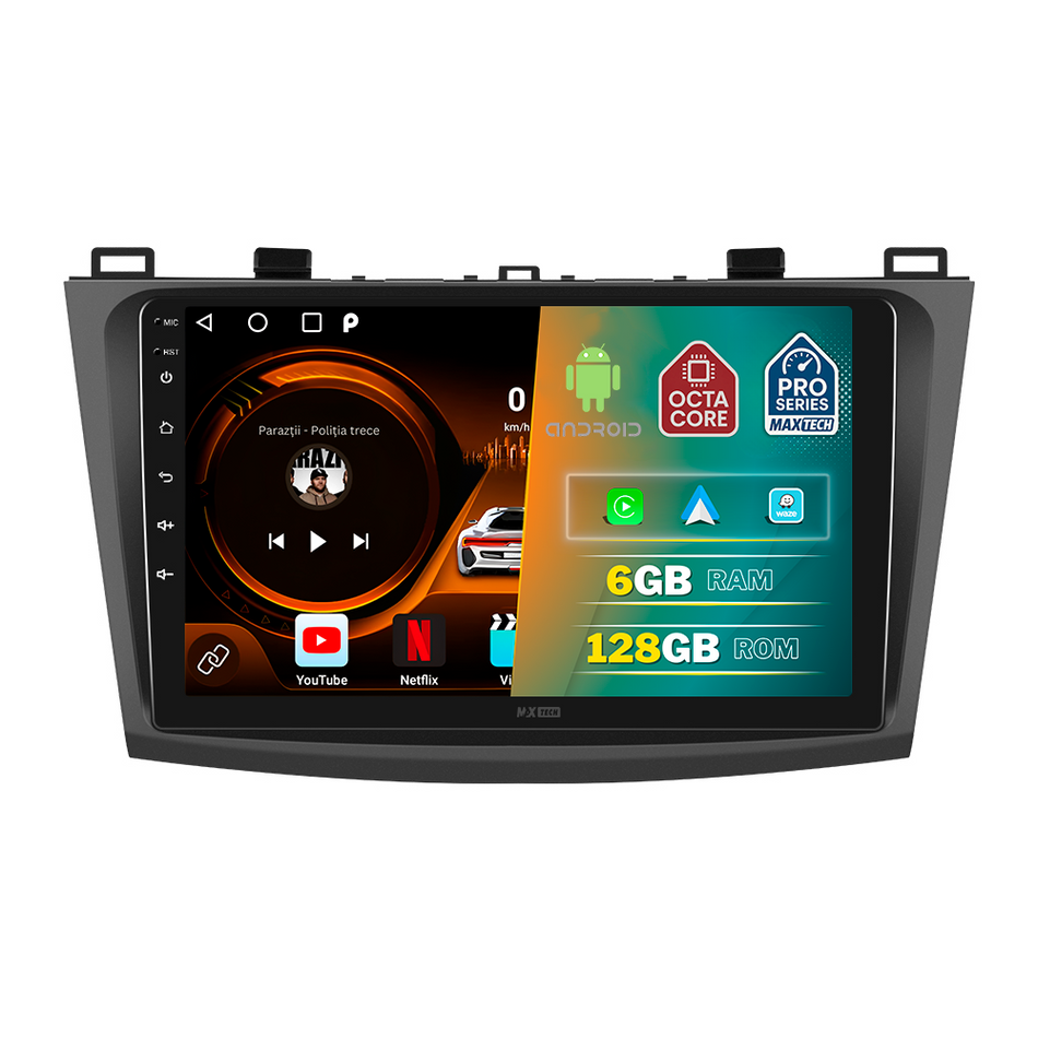 Navigatie Mazda 3 2009-2013 dedicata, MaxTech® PRO SERIES, 6 GB Ram 128 GB Rom, Carplay si Android auto, Ecran 9” HD Touch, GPS, Wifi, Bluetooth, Radio, USB, EQ, DSP, Waze