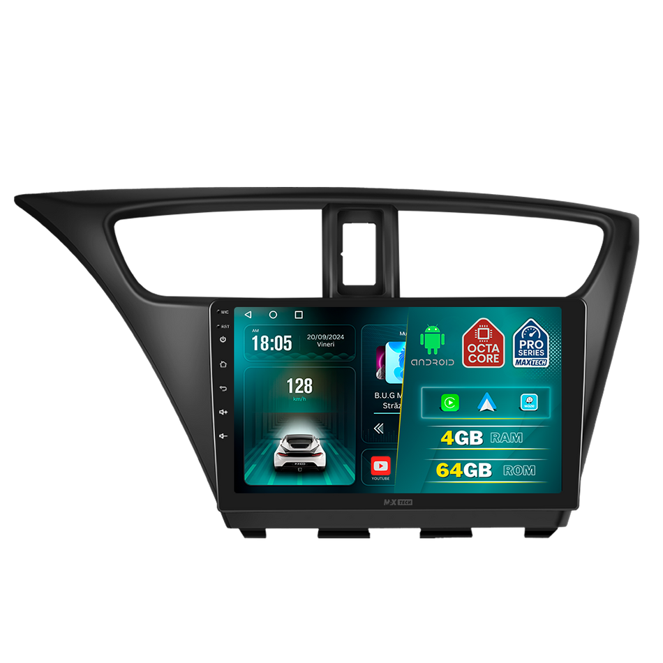 Navigatie Honda Civic 9 Hatchback (2012-2016) dedicata, MaxTech® PRO SERIES, 4 GB Ram 64 GB Rom, Carplay si Android auto, Ecran 9 ” HD Touch, GPS, Wifi, Bluetooth, Radio, USB, EQ, DSP, Waze