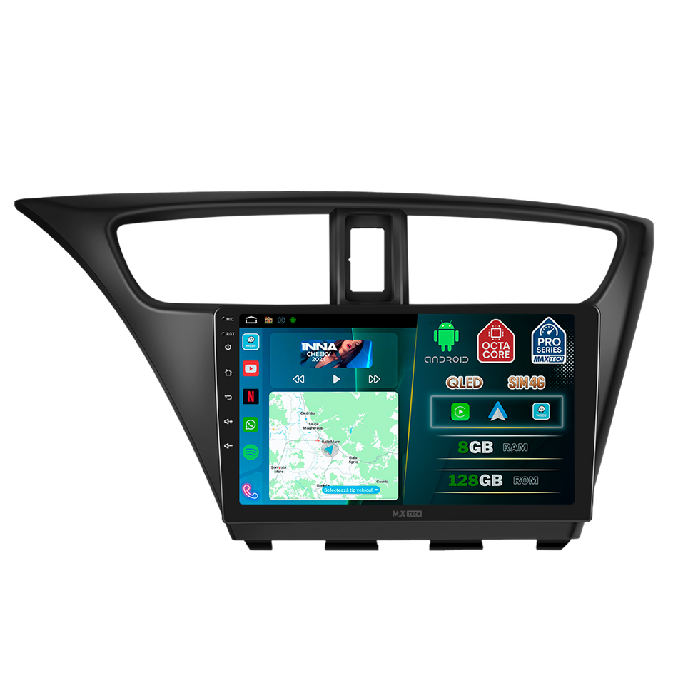 Navigatie Honda Civic 9 Hatchback (2012-2016) dedicata, MaxTech® PRO SERIES, 8 GB Ram 128 GB Rom, OctaCore, Carplay si Android auto, Ecran 9” HD Touch, Sim 4G, ADI/HI-Res, GPS, Wifi, Bluetooth, Radio, USB, EQ, DSP, Waze