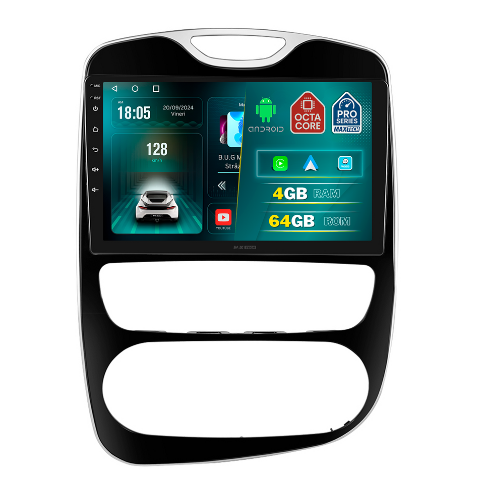 Navigatie Renault Clio IV (2013-2018) dedicata, MaxTech® PRO SERIES, 4 GB Ram 64 GB Rom, Carplay si Android auto, Ecran 10 ” HD Touch, GPS, Wifi, Bluetooth, Radio, USB, EQ, DSP, Waze