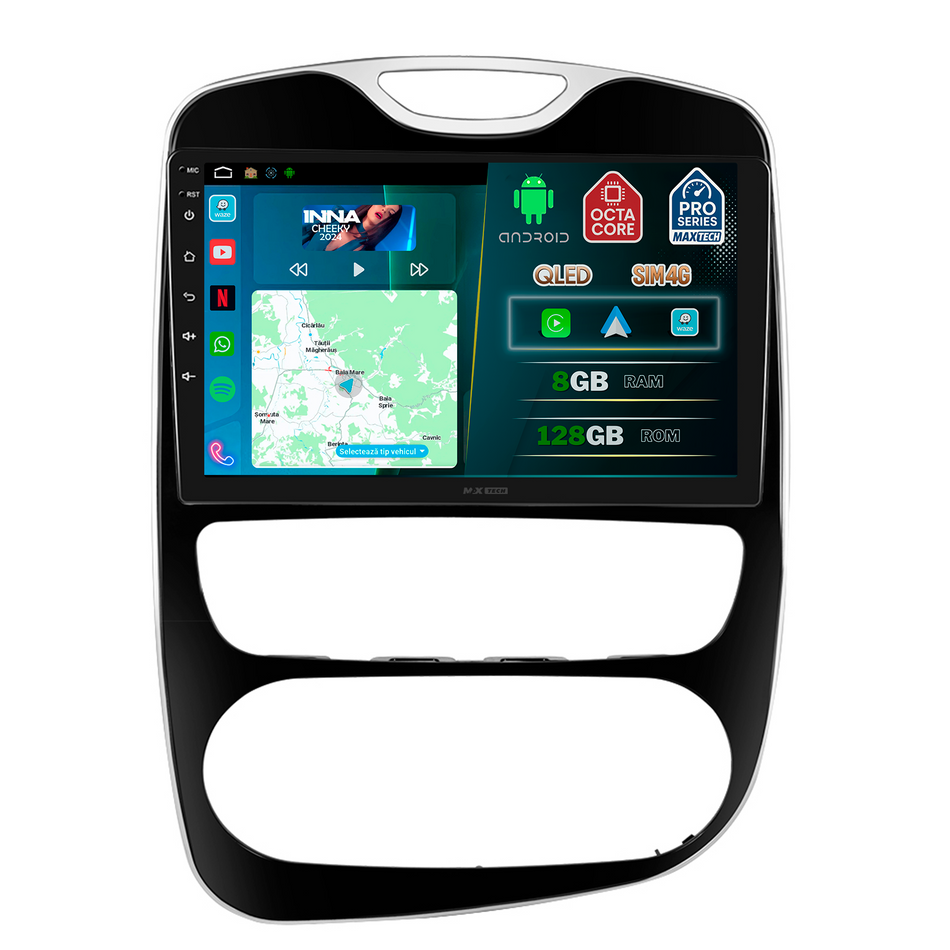 Navigatie Renault Clio IV (2013-2018) dedicata, MaxTech® PRO SERIES, 8 GB Ram 128 GB Rom, OctaCore, Carplay si Android auto, Ecran 10” HD Touch, Sim 4G, ADI/HI-Res, GPS, Wifi, Bluetooth, Radio, USB, EQ, DSP, Waze