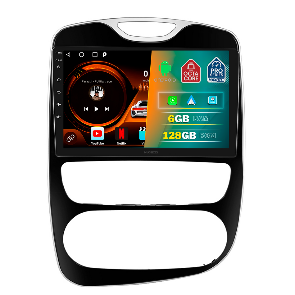 Navigatie Renault Clio IV (2013-2018) dedicata, MaxTech® PRO SERIES, 6 GB Ram 128 GB Rom, Carplay si Android auto, Ecran 10” HD Touch, GPS, Wifi, Bluetooth, Radio, USB, EQ, DSP, Waze