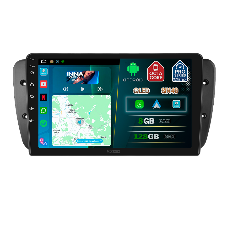 Navigatie SEAT Ibiza IV 6J (2012-2015) facelift dedicata, MaxTech® PRO SERIES, 8 GB Ram 128 GB Rom, OctaCore, Carplay si Android auto, Ecran 9” HD Touch, Sim 4G, ADI/HI-Res, GPS, Wifi, Bluetooth, Radio, USB, EQ, DSP, Waze