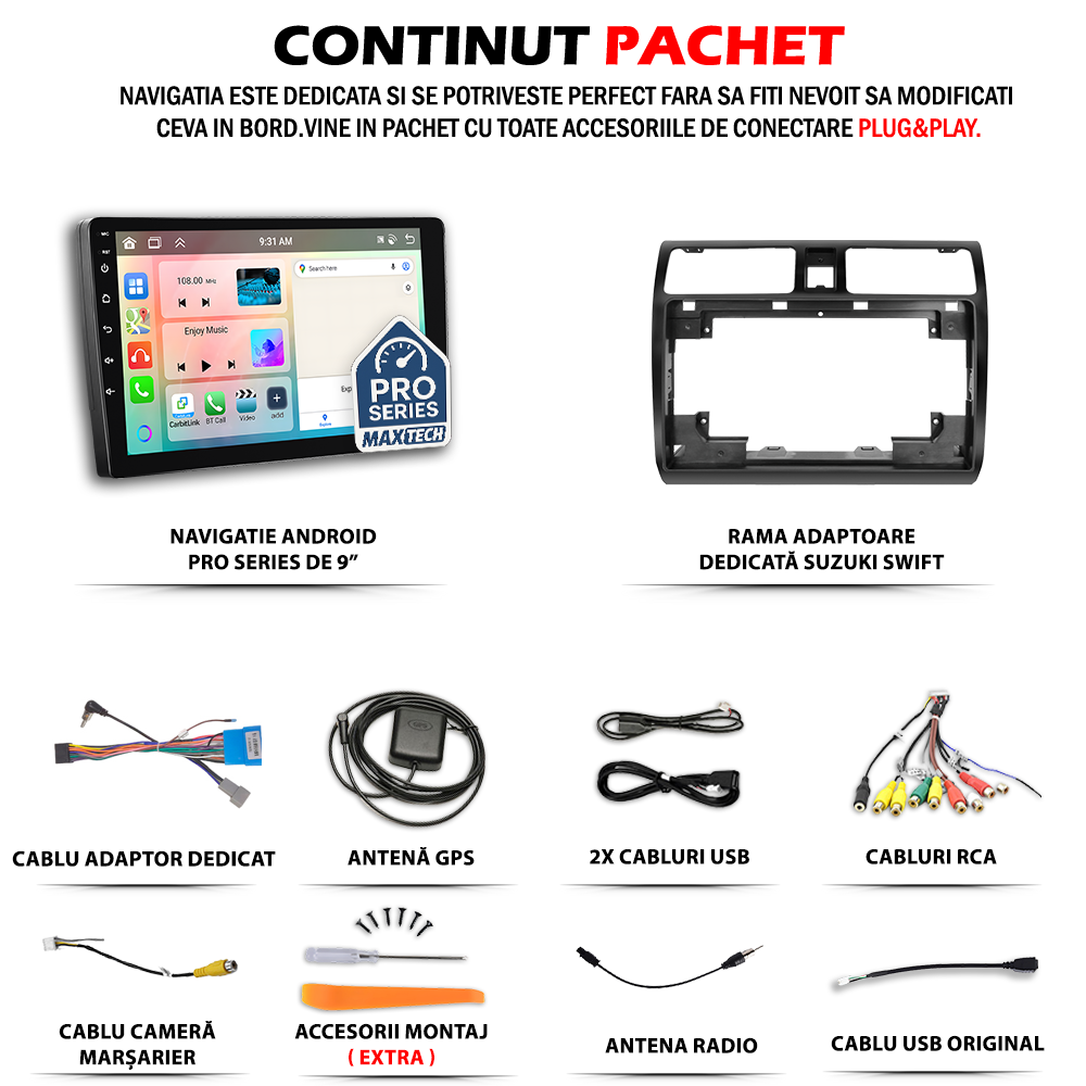 Navigatie Suzuki Swift MZ/EZ (2005–2010) dedicata, MaxTech® PRO SERIES, 2 GB Ram 64 GB Rom, Carplay si Android auto, Ecran 10” HD Touch, GPS, Wifi, Bluetooth, Radio, USB, EQ, DSP, Waze