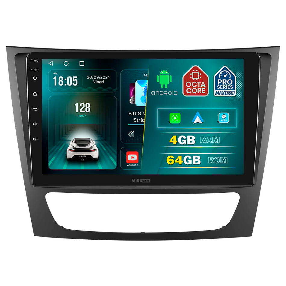 Navigatie Mercedes E-Class W211 / CLS-Class C219 (2005-2008) dedicata, MaxTech® PRO SERIES, 4 GB Ram 64 GB Rom, Carplay si Android auto, Ecran 9 ” HD Touch, GPS, Wifi, Bluetooth, Radio, USB, EQ, DSP, Waze