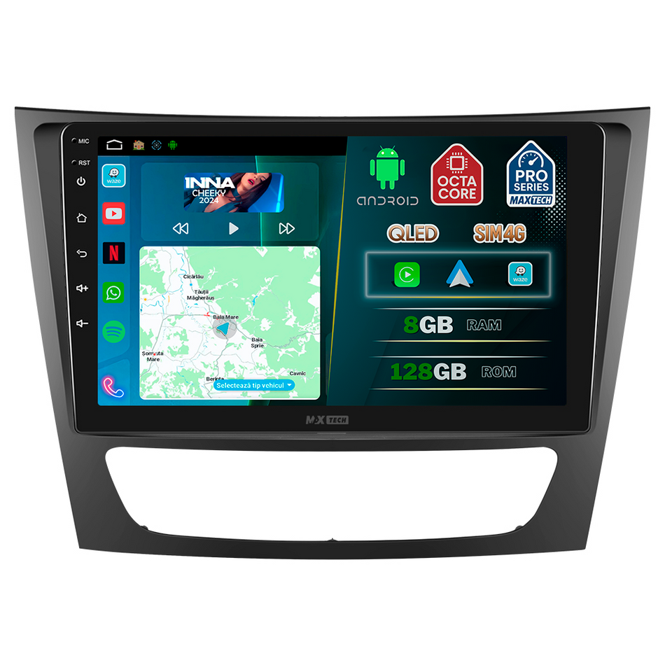 Navigatie Mercedes E-Class W211 / CLS-Class C219 (2005-2008) dedicata, MaxTech® PRO SERIES, 8 GB Ram 128 GB Rom, OctaCore, Carplay si Android auto, Ecran 9” HD Touch, Sim 4G, ADI/HI-Res, GPS, Wifi, Bluetooth, Radio, USB, EQ, DSP, Waze