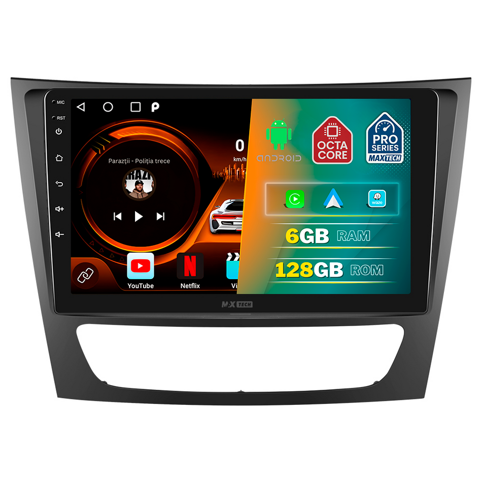 Navigatie Mercedes E-Class W211 / CLS-Class C219 (2005-2008) dedicata, MaxTech® PRO SERIES, 6 GB Ram 128 GB Rom, Carplay si Android auto, Ecran 9” HD Touch, GPS, Wifi, Bluetooth, Radio, USB, EQ, DSP, Waze
