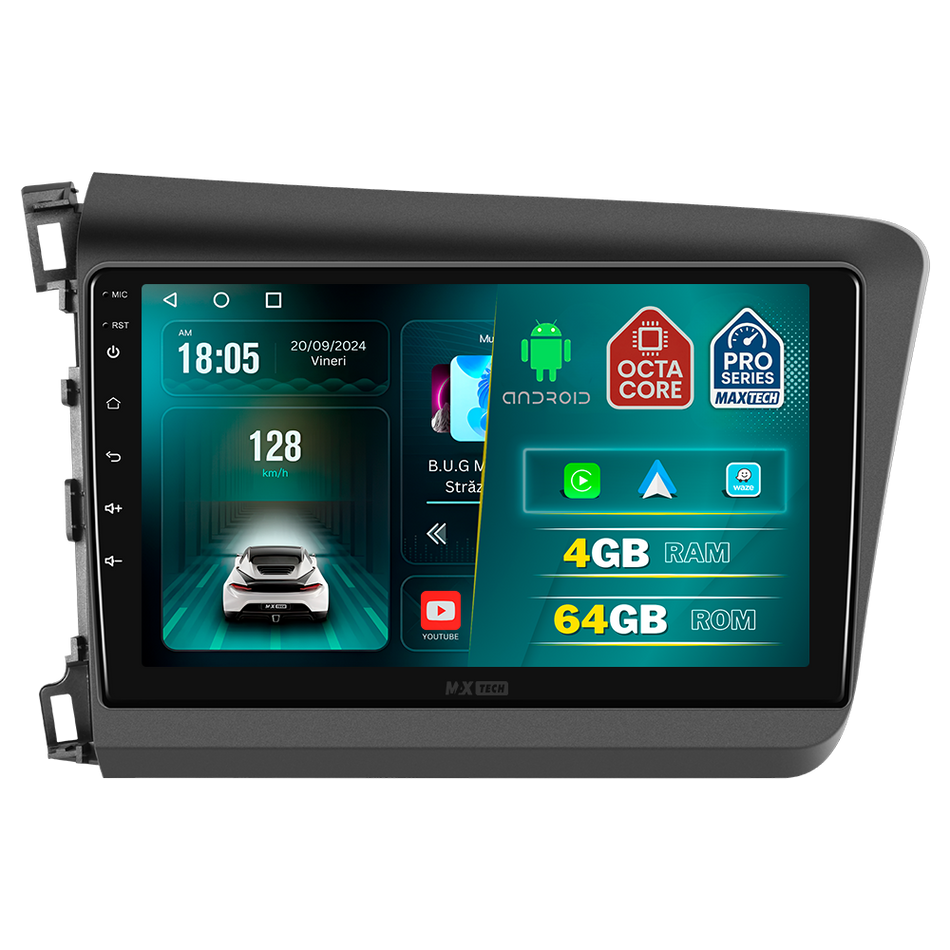 Navigatie Honda Civic 9 Sedan (2012-2015) dedicata, MaxTech® PRO SERIES, 4 GB Ram 64 GB Rom, Carplay si Android auto, Ecran 9 ” HD Touch, GPS, Wifi, Bluetooth, Radio, USB, EQ, DSP, Waze