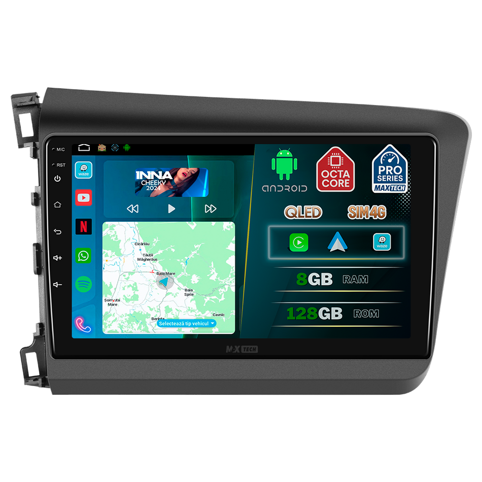Navigatie Honda Civic 9 Sedan (2012-2015) dedicata, MaxTech® PRO SERIES, 8 GB Ram 128 GB Rom, OctaCore, Carplay si Android auto, Ecran 9” HD Touch, Sim 4G, ADI/HI-Res, GPS, Wifi, Bluetooth, Radio, USB, EQ, DSP, Waze