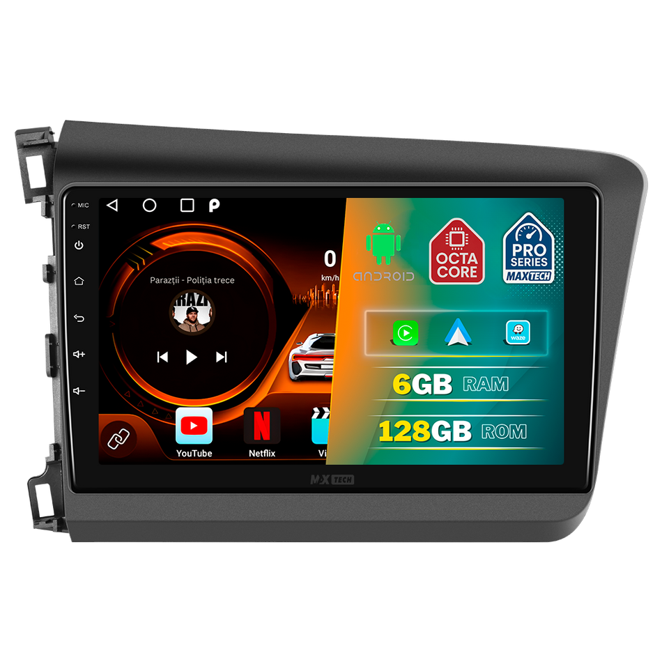 Navigatie Honda Civic 9 Sedan (2012-2015) dedicata, MaxTech® PRO SERIES, 6 GB Ram 128 GB Rom, Carplay si Android auto, Ecran 9” HD Touch, GPS, Wifi, Bluetooth, Radio, USB, EQ, DSP, Waze