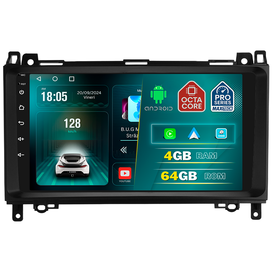Navigatie Mercedes B-Class(2008–2011),Vito (2006–2014),Viano(2006–2014),Sprinter(2006–2012)VW Crafter(2006-2016)dedicata, MaxTech® PRO SERIES, 4 GB Ram 64 GB Rom, Carplay si Android auto, Ecran 9 ” HD Touch, GPS, Wifi, Bluetooth, Radio, USB, EQ, DSP, Waze