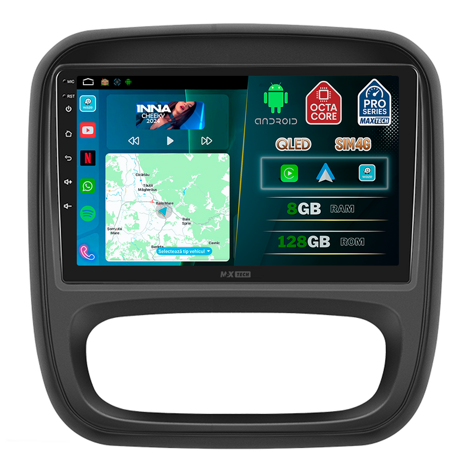 Navigatie Renault Trafic / Opel Vivaro B (2014-2019) dedicata, MaxTech® PRO SERIES, 8 GB Ram 128 GB Rom, OctaCore, Carplay si Android auto, Ecran 9” HD Touch, Sim 4G, ADI/HI-Res, GPS, Wifi, Bluetooth, Radio, USB, EQ, DSP, Waze