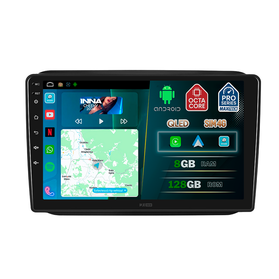 Navigatie Skoda Fabia II / Roomster (2008-2014) dedicata, MaxTech® PRO SERIES, 8 GB Ram 128 GB Rom, OctaCore, Carplay si Android auto, Ecran 10” HD Touch, Sim 4G, ADI/HI-Res, GPS, Wifi, Bluetooth, Radio, USB, EQ, DSP, Waze