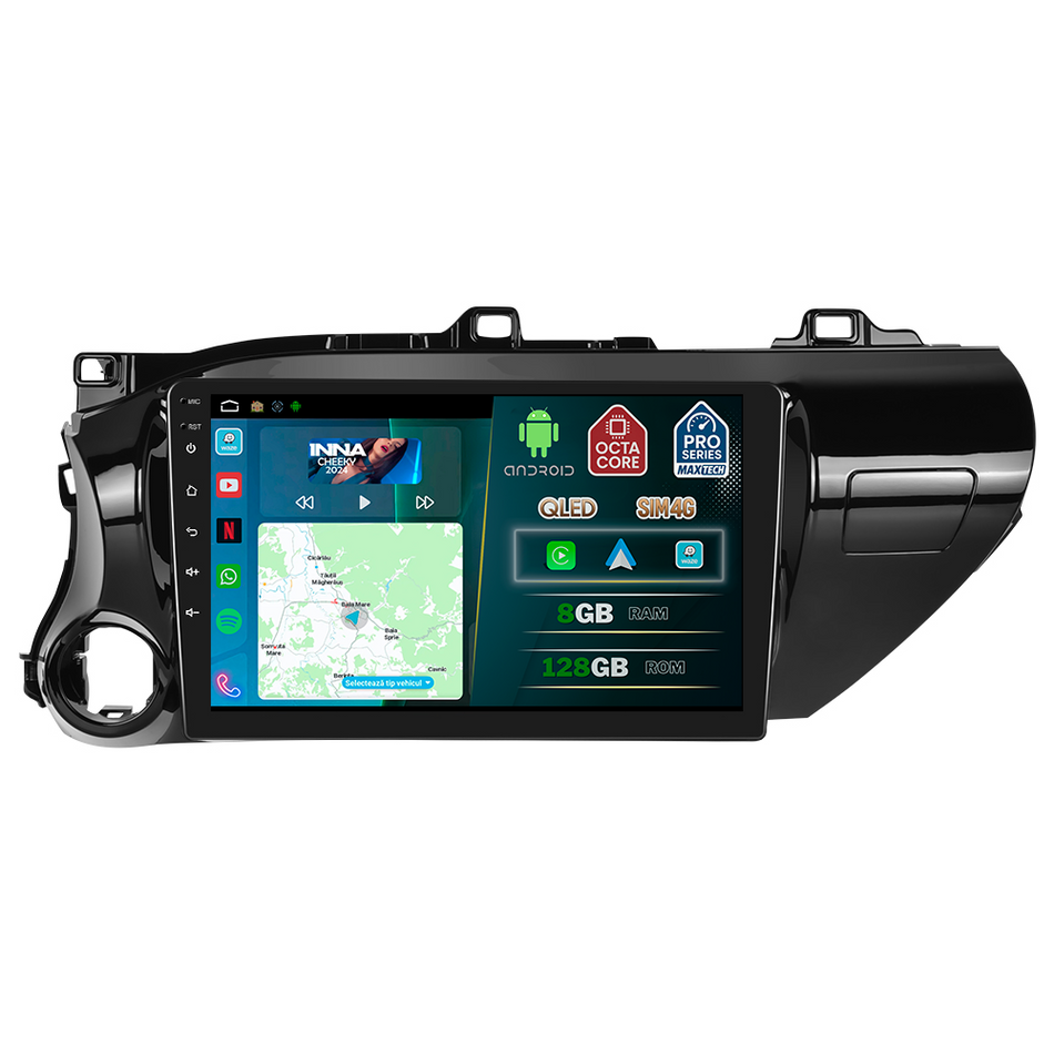 Navigatie Toyota Hilux VIII (AN120/AN130) 2016–2018.  dedicata,MaxTech® PRO SERIES,8 GB Ram 128 GB Rom, OctaCore,Carplay si Android auto,Ecran 10” HD Touch, Sim 4G, ADI/HI-Res, GPS, Wifi, Bluetooth,Waze
