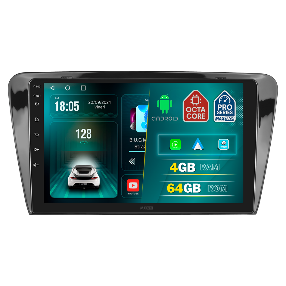 Navigatie Skoda Octavia 3 (2013-2018) dedicata, MaxTech® PRO SERIES, 4 GB Ram 64 GB Rom, Carplay si Android auto, Ecran 10 ” HD Touch, GPS, Wifi, Bluetooth, Radio, USB, EQ, DSP, Waze