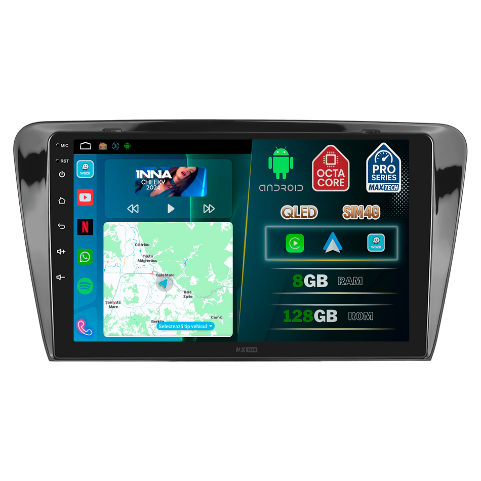 Navigatie Skoda Octavia 3 (2013-2018) dedicata, MaxTech® PRO SERIES, 8 GB Ram 128 GB Rom, OctaCore, Carplay si Android auto, Ecran 10” HD Touch, Sim 4G, ADI/HI-Res, GPS, Wifi, Bluetooth, Radio, USB, EQ, DSP, Waze