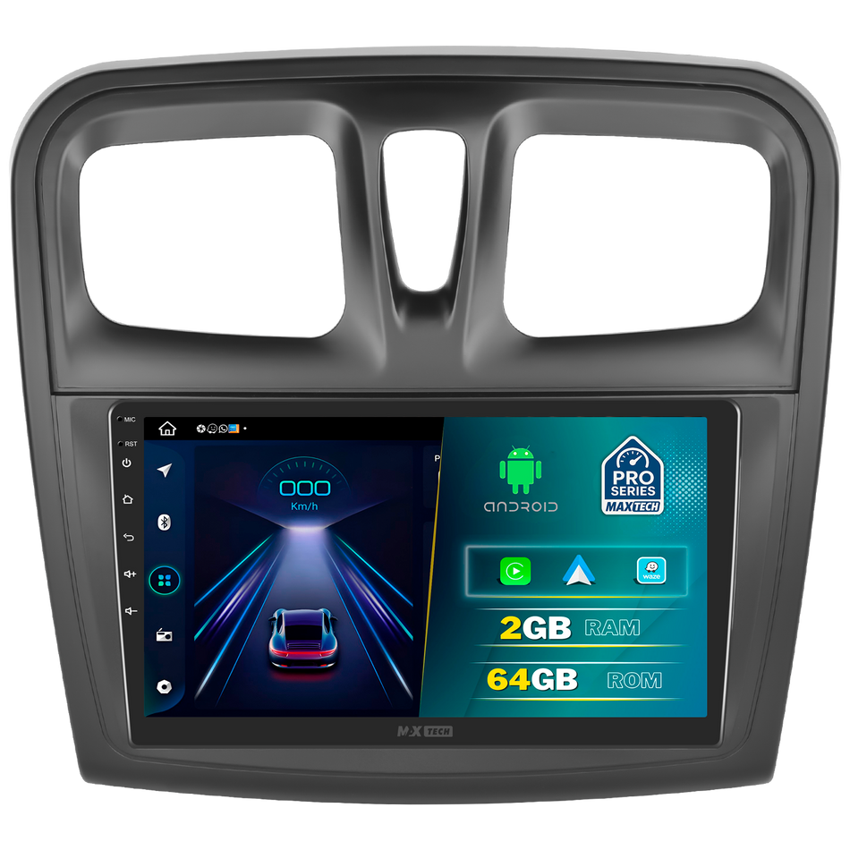 Navigatie Dacia Sandero II / Logan II (2014–2016) Pre-Facelift dedicata, MaxTech® PRO SERIES, 2 GB Ram 64 GB Rom, Carplay si Android auto, Ecran 9” HD Touch, GPS, Wifi, Bluetooth, Radio, USB, EQ, DSP, Waze