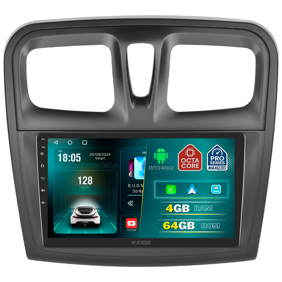 Navigatie Dacia Sandero II / Logan II (2014–2016) Pre-Facelift dedicata, MaxTech® PRO SERIES, 4 GB Ram 64 GB Rom, Carplay si Android auto, Ecran 9 ” HD Touch, GPS, Wifi, Bluetooth, Radio, USB, EQ, DSP, Waze