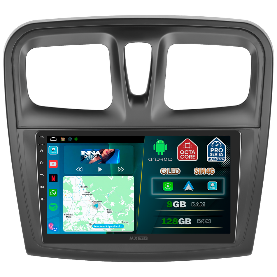 Navigatie Dacia Sandero II / Logan II (2014–2016) dedicata, MaxTech® PRO SERIES, 8 GB Ram 128 GB Rom, OctaCore, Carplay si Android auto, Ecran 9” HD Touch, Sim 4G, ADI/HI-Res, GPS, Wifi, Bluetooth, Radio, USB, EQ, DSP, Waze