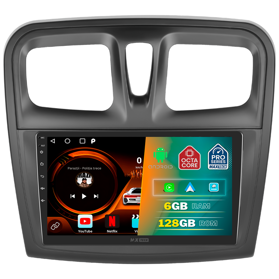 Navigatie Dacia Sandero II / Logan II (2014–2016) Pre-Facelift dedicata, MaxTech® PRO SERIES, 6 GB Ram 128 GB Rom, Carplay si Android auto, Ecran 9” HD Touch, GPS, Wifi, Bluetooth, Radio, USB, EQ, DSP, Waze
