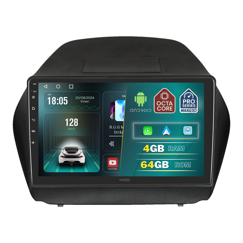 Navigatie Hyundai IX35 2010-2015 dedicata, MaxTech® PRO SERIES, 4 GB Ram 64 GB Rom, Carplay si Android auto, Ecran 10 ” HD Touch, GPS, Wifi, Bluetooth, Radio, USB, EQ, DSP, Waze