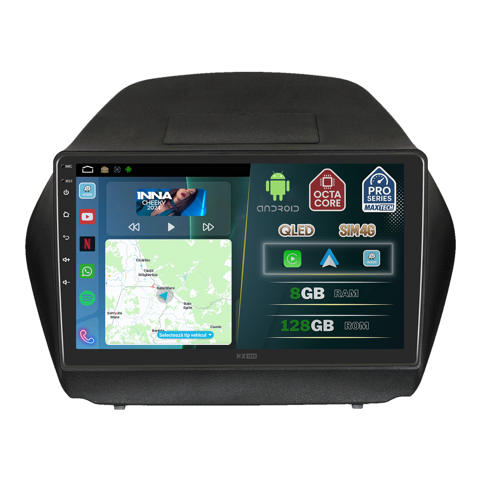 Navigatie Hyundai IX35 2010-2015 dedicata, MaxTech® PRO SERIES, 8 GB Ram 128 GB Rom, OctaCore, Carplay si Android auto, Ecran 10” HD Touch, Sim 4G, ADI/HI-Res, GPS, Wifi, Bluetooth, Radio, USB, EQ, DSP, Waze