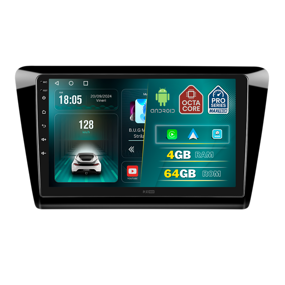 Navigatie Skoda Rapid / Rapid Spaceback 2012–2019 dedicata, MaxTech® PRO SERIES, 4 GB Ram 64 GB Rom, Carplay si Android auto, Ecran 9 ” HD Touch, GPS, Wifi, Bluetooth, Radio, USB, EQ, DSP, Waze
