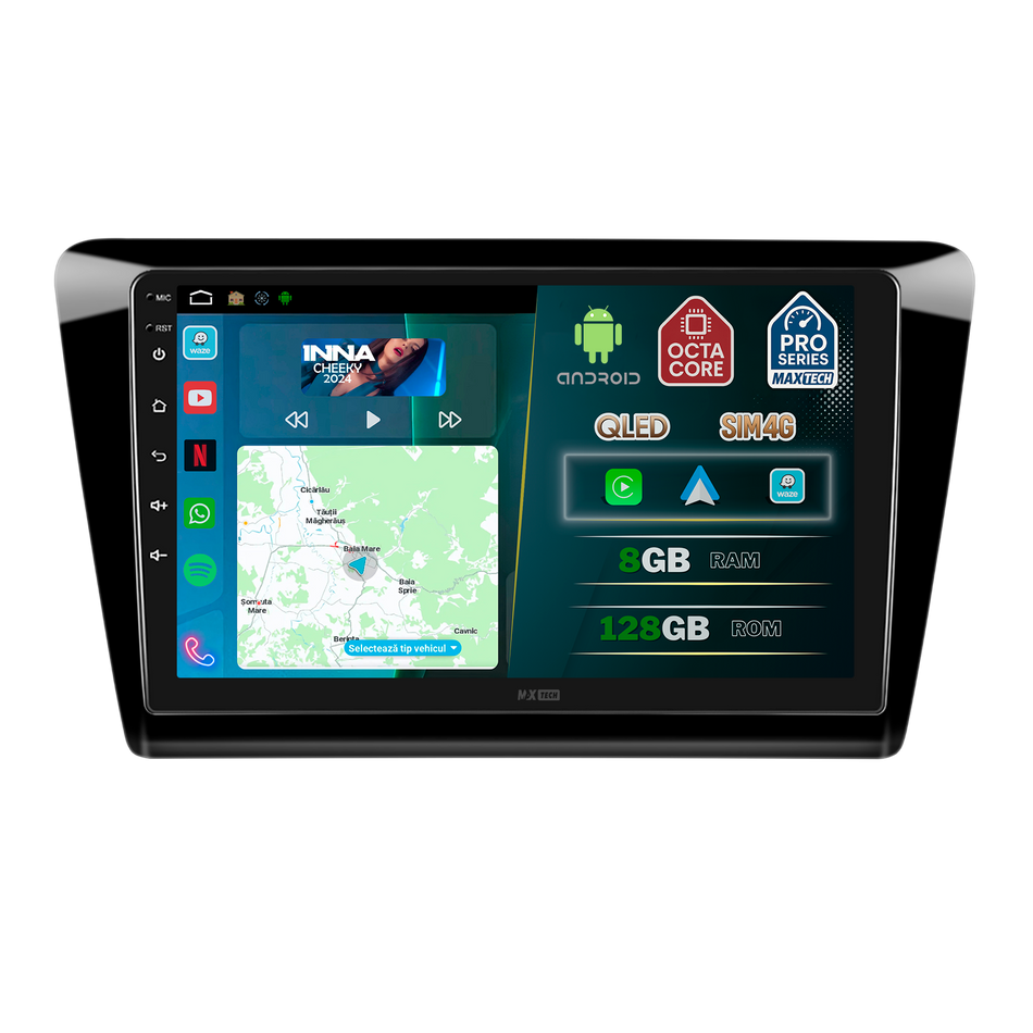 Navigatie Skoda Rapid / Rapid Spaceback 2012–2019 dedicata, MaxTech® PRO SERIES, 8 GB Ram 128 GB Rom, OctaCore, Carplay si Android auto, Ecran 9” HD Touch, Sim 4G, ADI/HI-Res, GPS, Wifi, Bluetooth, Radio, USB, EQ, DSP, Waze