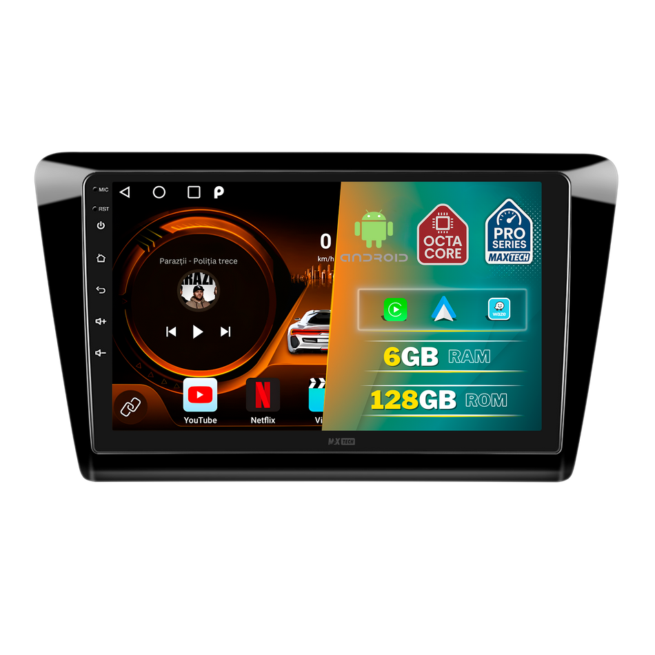 Navigatie Skoda Rapid / Rapid Spaceback 2012–2019 dedicata, MaxTech® PRO SERIES, 6 GB Ram 128 GB Rom, Carplay si Android auto, Ecran 9” HD Touch, GPS, Wifi, Bluetooth, Radio, USB, EQ, DSP, Waze