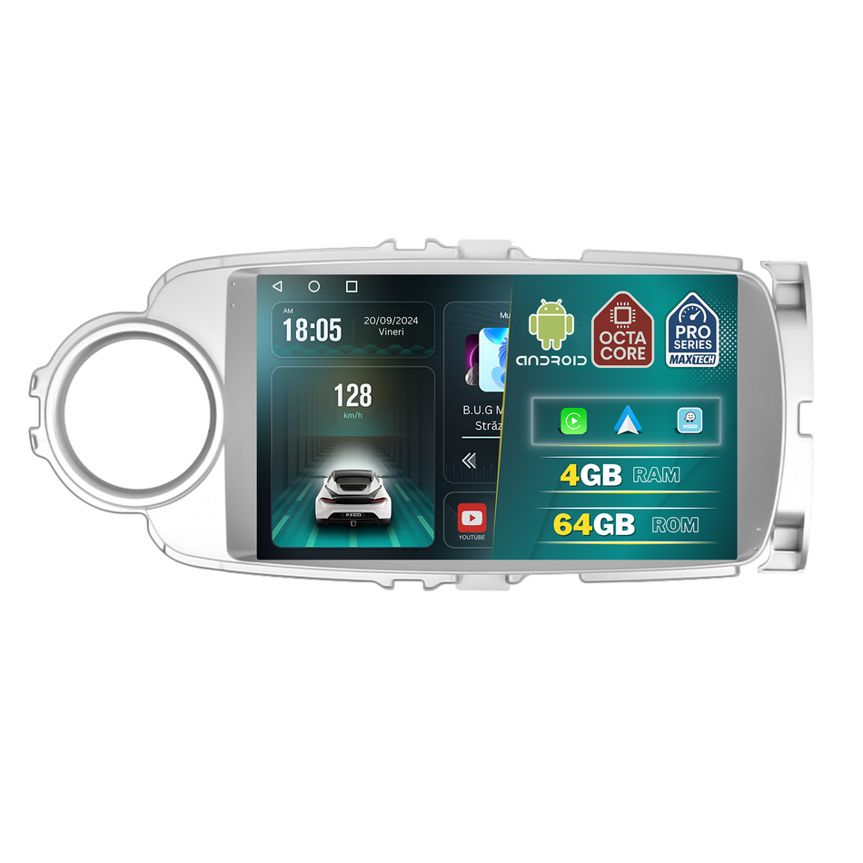 Navigatie Toyota Yaris (2012-2014) dedicata, MaxTech® PRO SERIES, 4 GB Ram 64 GB Rom, Carplay si Android auto, Ecran 9 ” HD Touch, GPS, Wifi, Bluetooth, Radio, USB, EQ, DSP, Waze