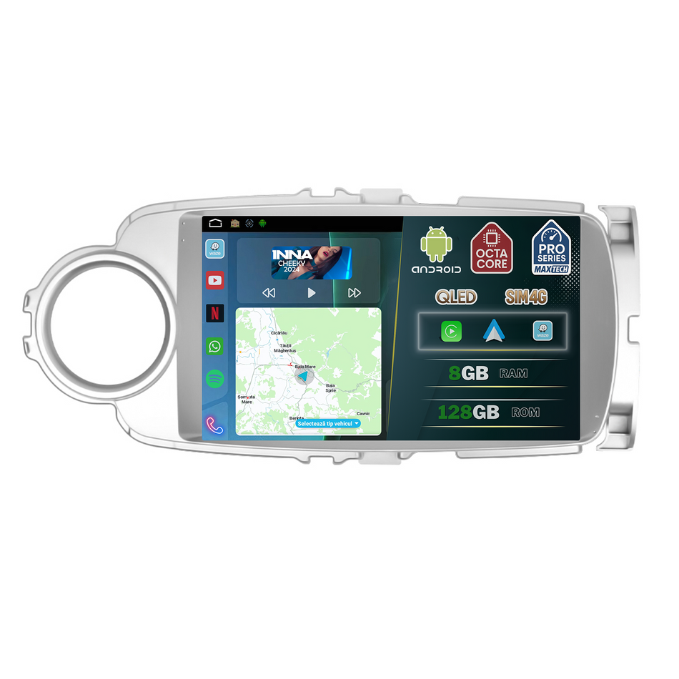 Navigatie Toyota Yaris (2012-2014) dedicata, MaxTech® PRO SERIES, 8 GB Ram 128 GB Rom, OctaCore, Carplay si Android auto, Ecran 9” HD Touch, Sim 4G, ADI/HI-Res, GPS, Wifi, Bluetooth, Radio, USB, EQ, DSP, Waze