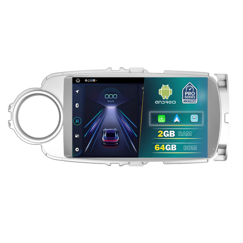 Navigatie Toyota Yaris (2012–2014) dedicata, MaxTech® PRO SERIES, 2 GB Ram 64 GB Rom, Carplay si Android auto, Ecran 9 ” HD Touch, GPS, Wifi, Bluetooth, Radio, USB, EQ, DSP, Waze
