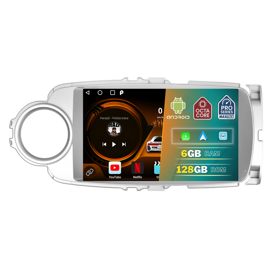 Navigatie Toyota Yaris (2012–2014) dedicata, MaxTech® PRO SERIES, 6 GB Ram 128 GB Rom, Carplay si Android auto, Ecran 9 ” HD Touch, GPS, Wifi, Bluetooth, Radio, USB, EQ, DSP, Waze