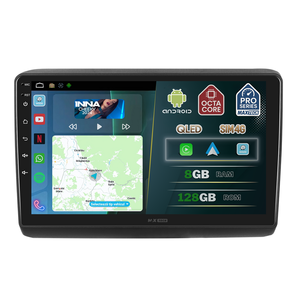 Navigatie Fiat Ducato / Citroen Jumper / Peugeot Boxer 2006–2014 dedicata, MaxTech® PRO SERIES, 8 GB Ram 128 GB Rom, OctaCore, Carplay si Android auto, Ecran 9” HD Touch, Sim 4G, ADI/HI-Res, GPS, Wifi, Bluetooth, Radio, USB, EQ, DSP, Waze