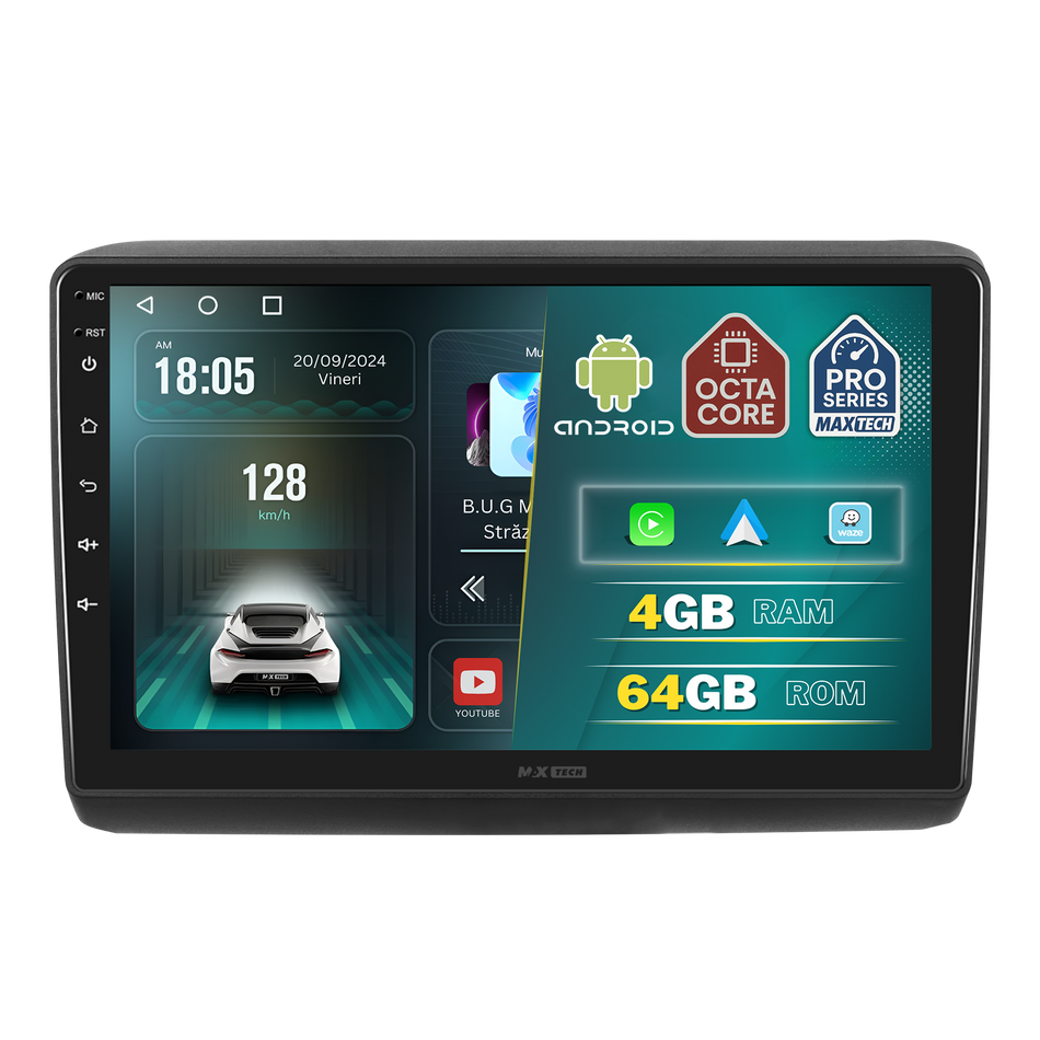 Navigatie Fiat Ducato / Citroen Jumper / Peugeot Boxer 2006–2014 dedicata, MaxTech® PRO SERIES, 4 GB Ram 64 GB Rom, Carplay si Android auto, Ecran 9 ” HD Touch, GPS, Wifi, Bluetooth, Radio, USB, EQ, DSP, Waze