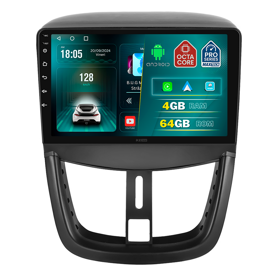 Navigatie Peugeot 207 I Facelift (2009–2013) dedicata, MaxTech® PRO SERIES, 4 GB Ram 64 GB Rom, Carplay si Android auto, Ecran 9 ” HD Touch, GPS, Wifi, Bluetooth, Radio, USB, EQ, DSP, Waze