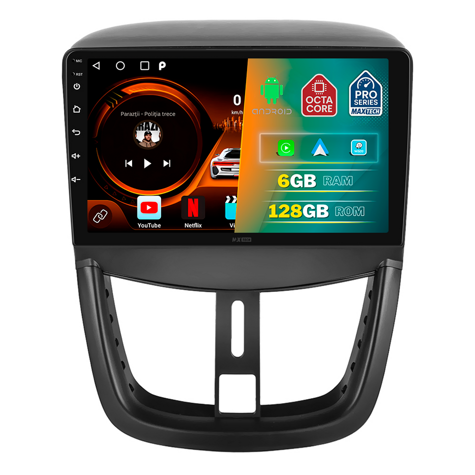 Navigatie Peugeot 207 I Facelift (2009–2013) dedicata, MaxTech® PRO SERIES, 6 GB Ram 128 GB Rom, Carplay si Android auto, Ecran 9” HD Touch, GPS, Wifi, Bluetooth, Radio, USB, EQ, DSP, Waze