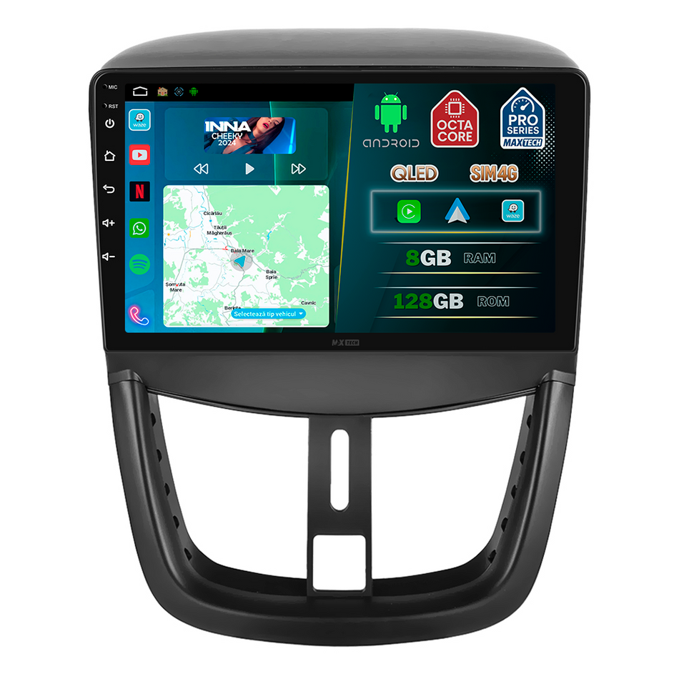Navigatie Peugeot 207 I Facelift (2009–2013) dedicata,MaxTech® PRO SERIES,8 GB Ram 128 GB Rom, OctaCore,Carplay si Android auto,Ecran 9” HD Touch, Sim 4G, ADI/HI-Res, GPS, Wifi, Bluetooth,Waze
