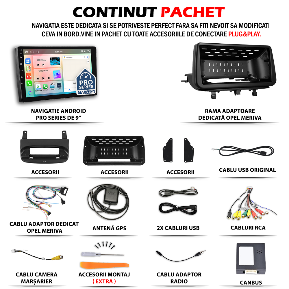 Navigatie  Opel Meriva B ( 2010–2014 ) Pre-facelift dedicata, MaxTech® PRO SERIES, 2 GB Ram 64 GB Rom, Carplay si Android auto, Ecran 9” HD Touch, GPS, Wifi, Bluetooth, Radio, USB, EQ, DSP, Waze