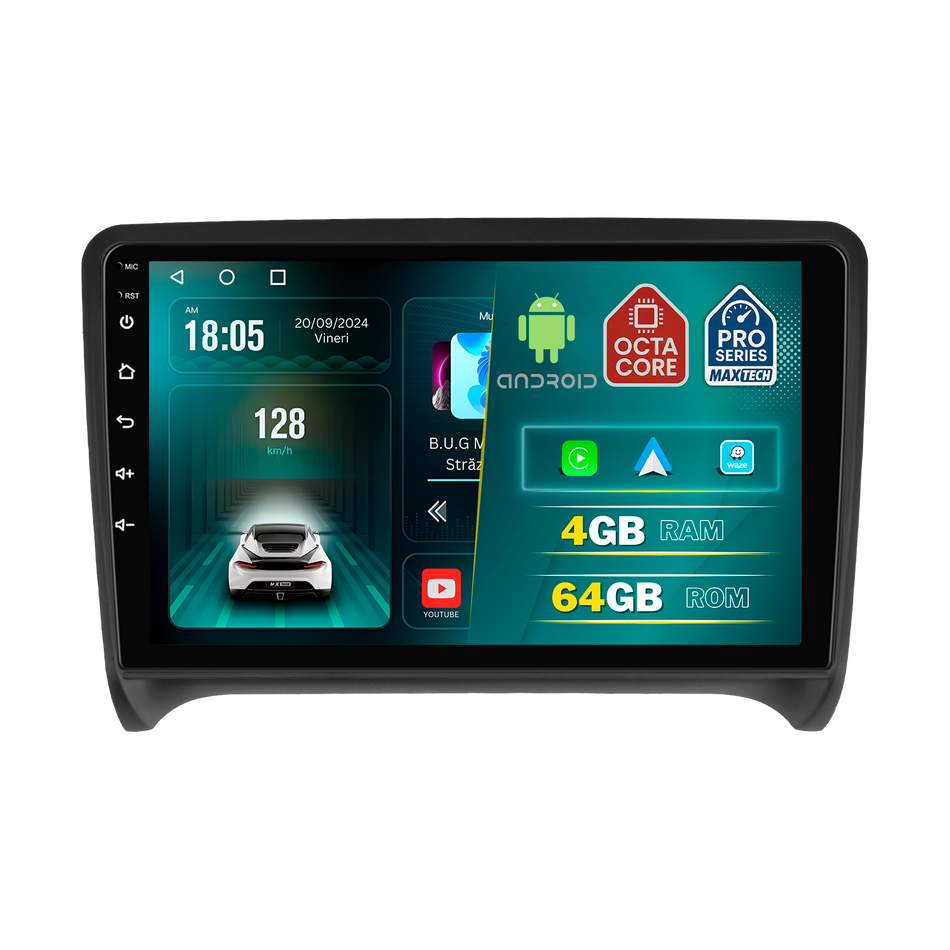 Navigatie Audi TT ( 2006–2014 ) dedicata, MaxTech® PRO SERIES, 4 GB Ram 64 GB Rom, Carplay si Android auto, Ecran 9 ” HD Touch, GPS, Wifi, Bluetooth, Radio, USB, EQ, DSP, Waze