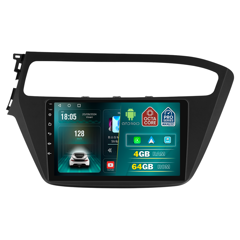 Navigatie Hyundai i20 2018–2020 dedicata, MaxTech® PRO SERIES, 4 GB Ram 64 GB Rom, Carplay si Android auto, Ecran 9 ” HD Touch, GPS, Wifi, Bluetooth, Radio, USB, EQ, DSP, Waze