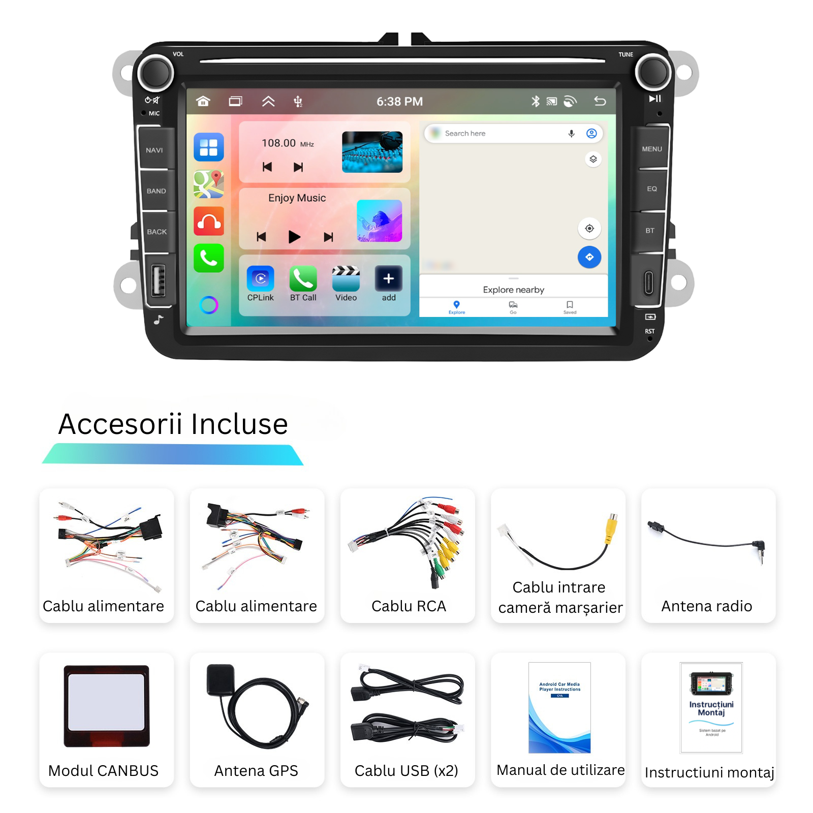 Navigatie Volkswagen, Skoda, SEAT Android, MaxTech® PRO SERIES, 4GB RAM, 64GB, CarPlay & Android Auto, ecran 8 inch HD Touch, Golf, Passat, Jetta, Octavia, Leon, GPS, WiFi, Bluetooth, Waze, RDS, EQ, Youtube
