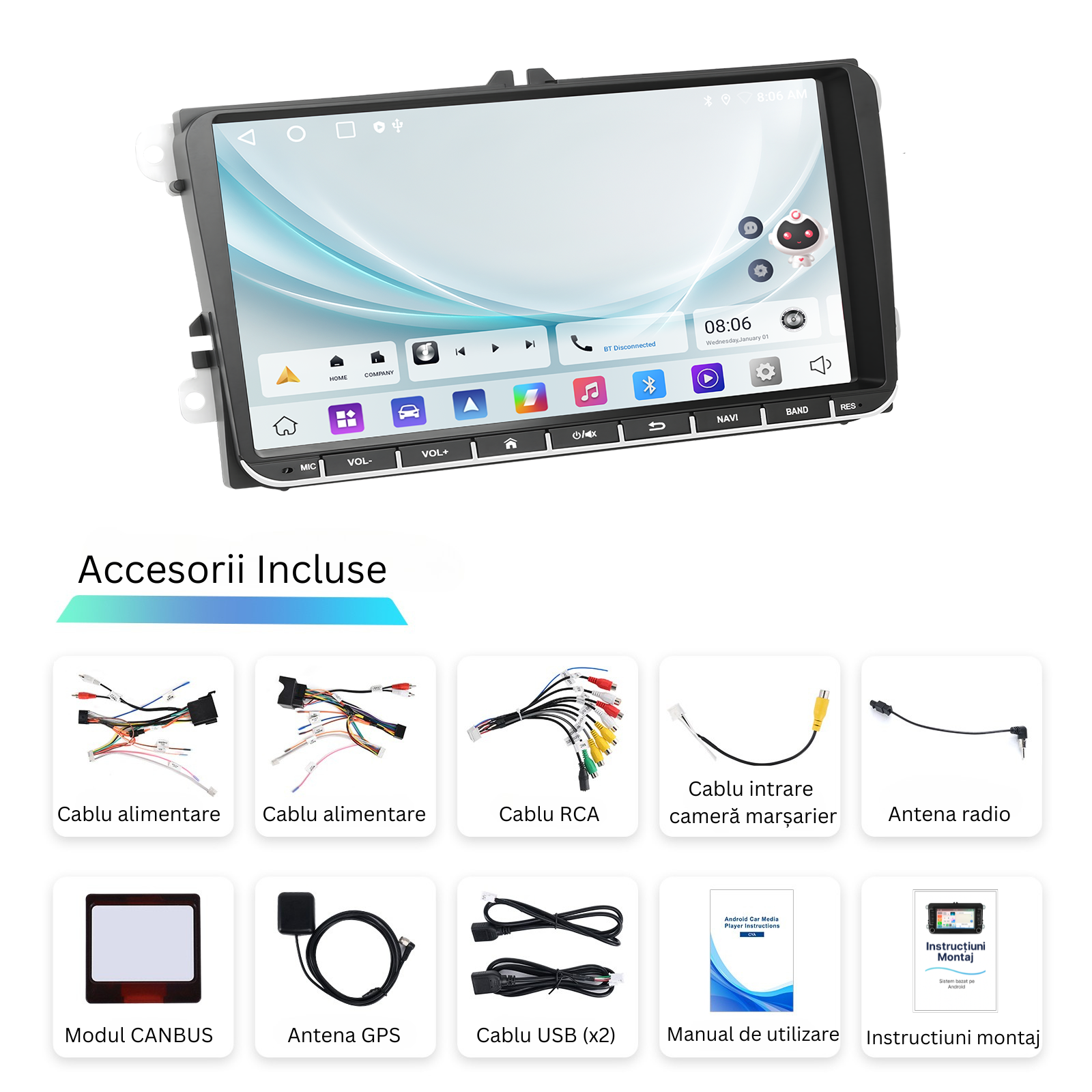 Navigatie Volkswagen, Skoda, SEAT Android, MaxTech® PRO SERIES, 4GB RAM, 64GB, CarPlay & Android Auto, ecran 9 inch HD Touch, Golf, Passat, Jetta, Octavia, Leon, GPS, WiFi, Bluetooth, Waze, RDS, EQ