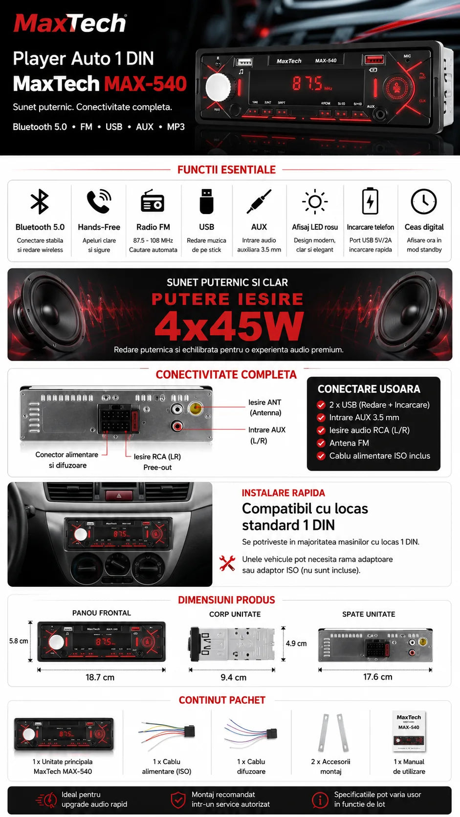 Player auto 1 DIN Casetofon MaxTech®, Bluetooth 5.0, FM Radio, USB, AUX, MP3, Hands-Free, 4x15W
