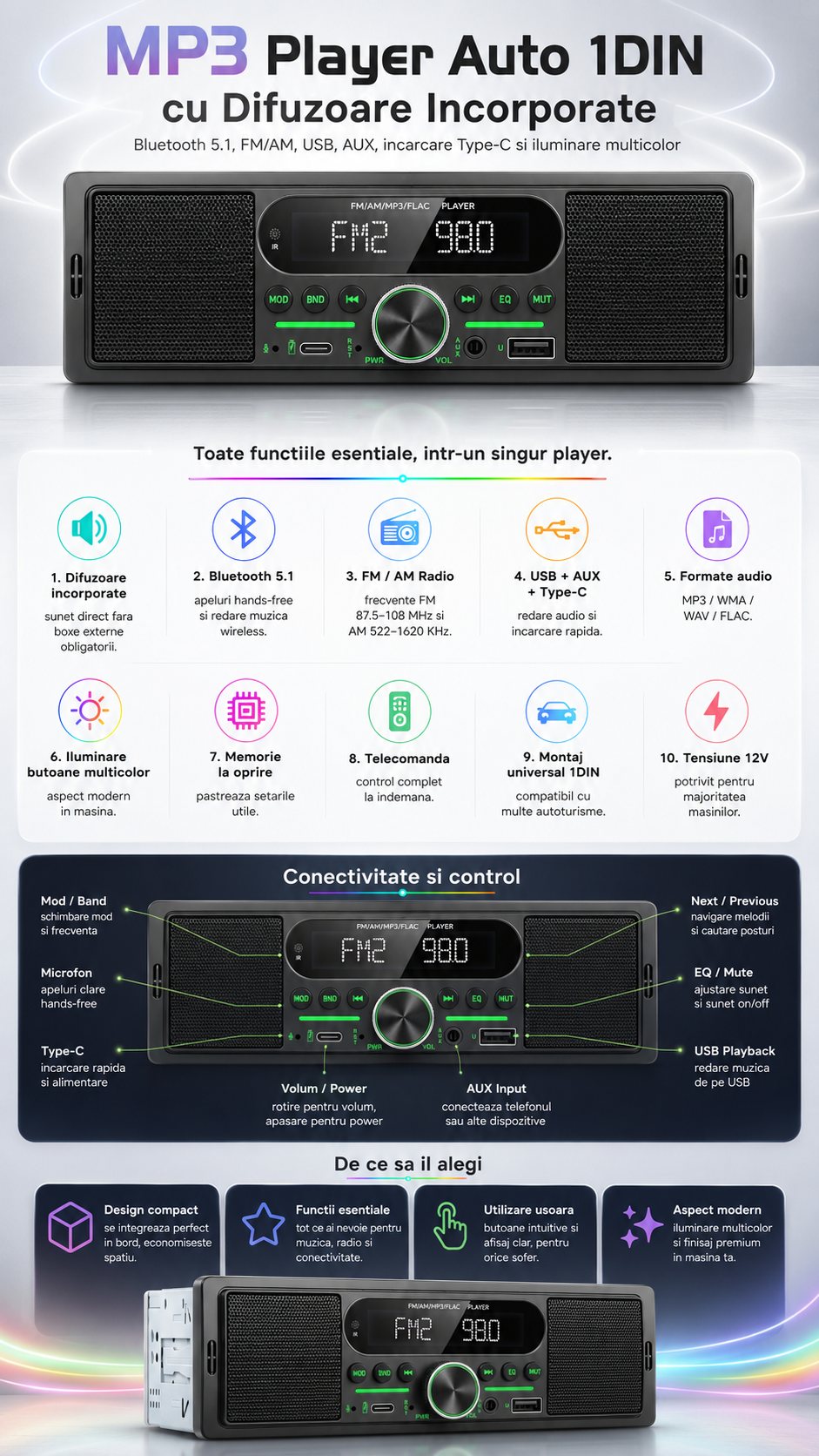 Player auto 1 DIN MaxTech®, Bluetooth 5.1, difuzoare integrate, Fast Charging, FM/AM, USB, AUX, SD/TF, MP3, 4x45W