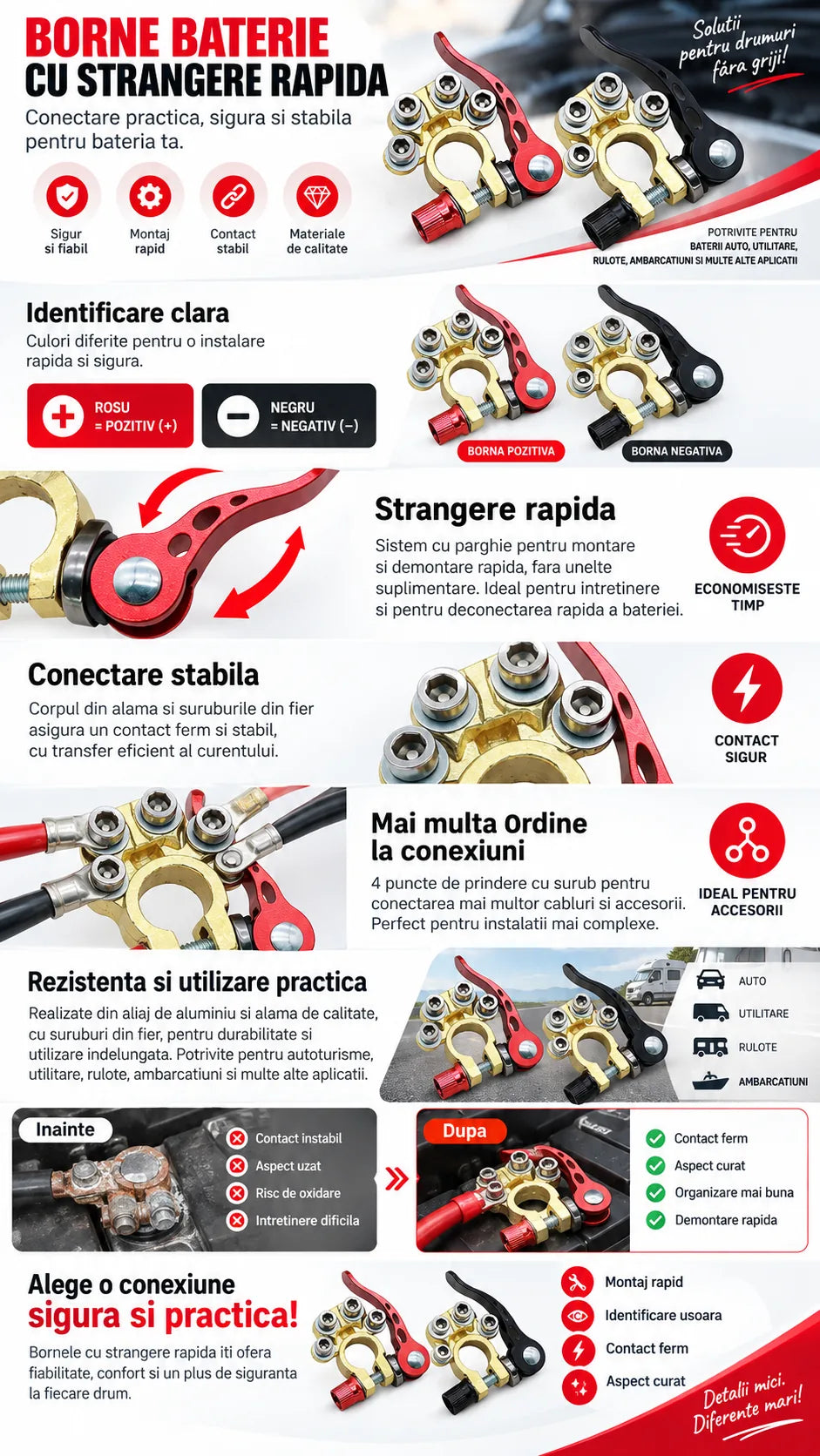 Set Borne baterie auto cu strangere rapida, plus si minus, alama, 4 prinderi cablu, cleme pol baterie auto, rosu/negru, saibe anti-coroziune, imbus inclus