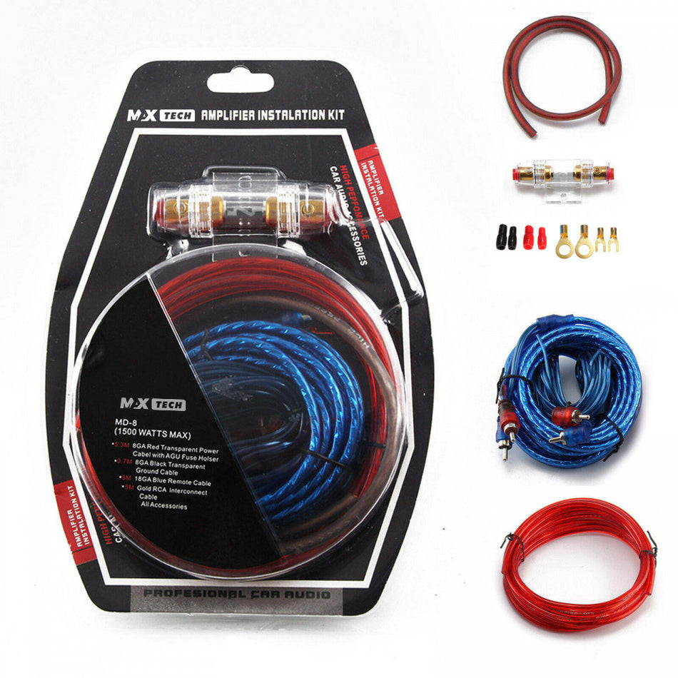 Kit cabluri instalare amplificator auto MaxTech MD-8, 1500W Max, 8GA, cablu RCA 5m, cablu alimentare, siguranta AGU, remote, masa, accesorii montaj