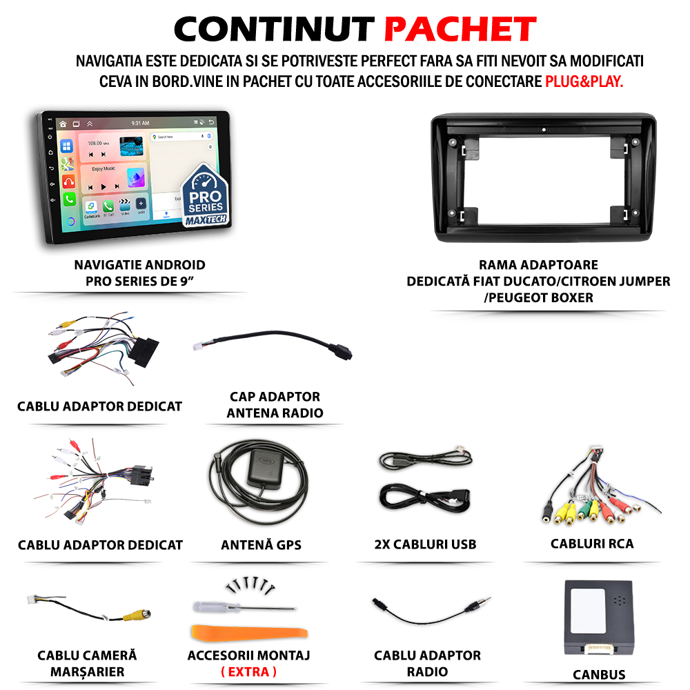 Navigatie Fiat Ducato / Citroen Jumper / Peugeot Boxer 2006–2014 dedicata, MaxTech® PRO SERIES, 4 GB Ram 64 GB Rom, Carplay si Android auto, Ecran 9 ” HD Touch, GPS, Wifi, Bluetooth, Radio, USB, EQ, DSP, Waze